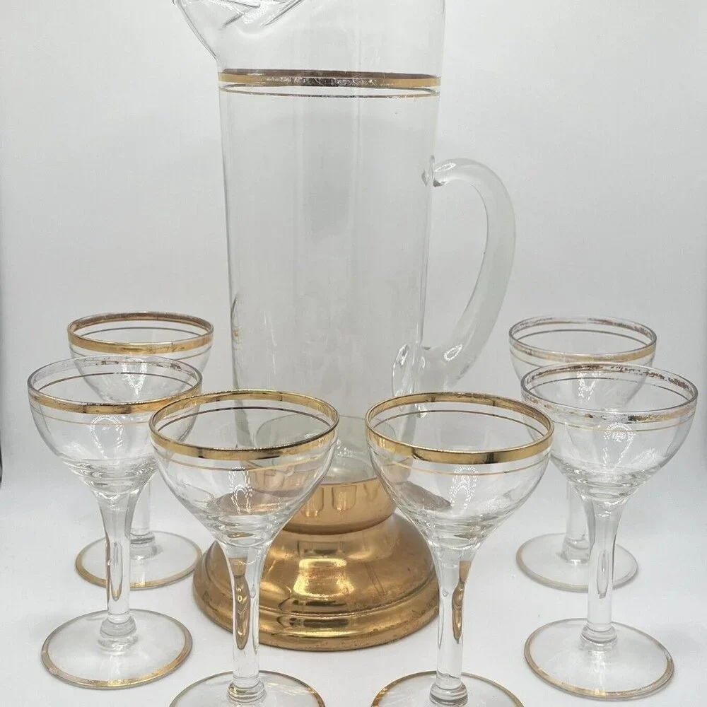 Vintage 60s MCM Glass Pitcher Brass Bottom With 6 Coupe Glasses W/ Gold Trim